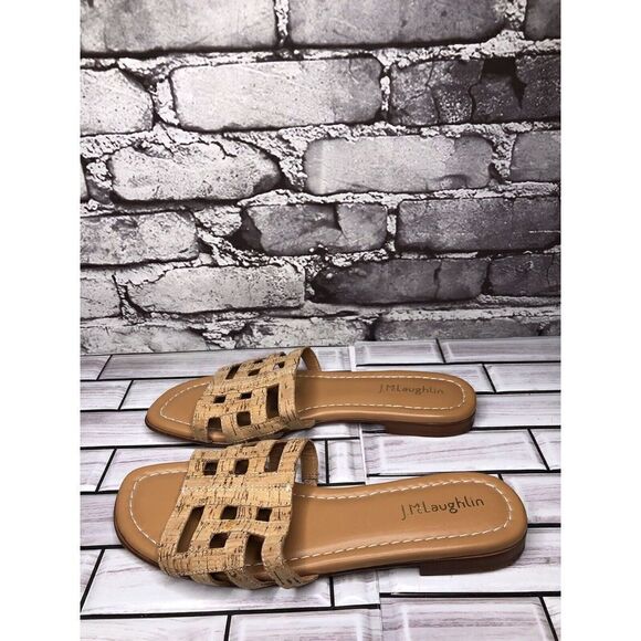 J. McLaughlin WILLA Tan Leather Cork Flat Slides Sandals Women Sz 7.5M US/37.5EU - Picture 1 of 16